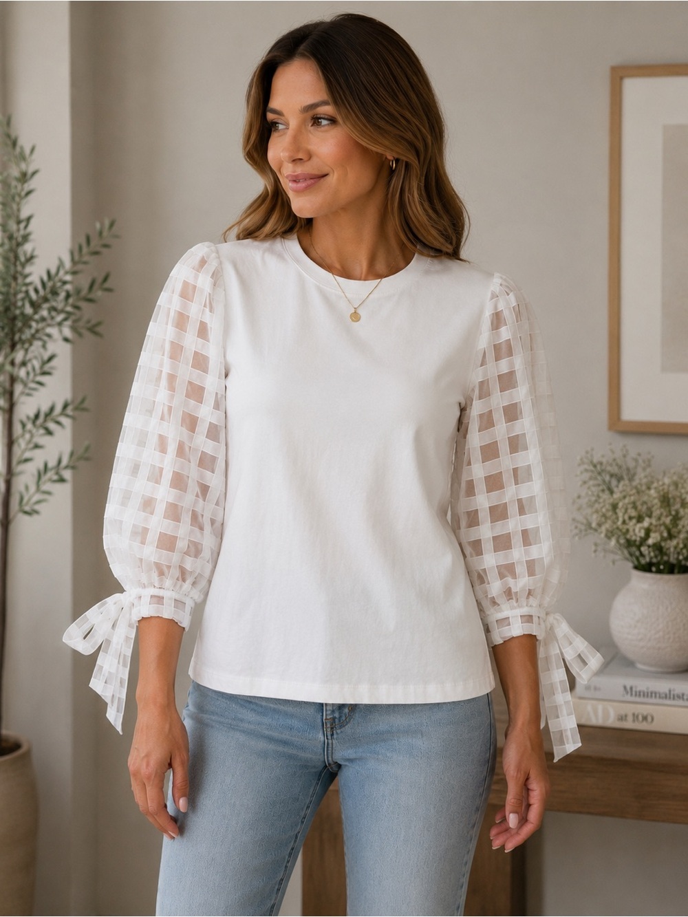 Kaktus White Puff Sleeve Tie Cuff Blouse Medium Cottagecore Romantic